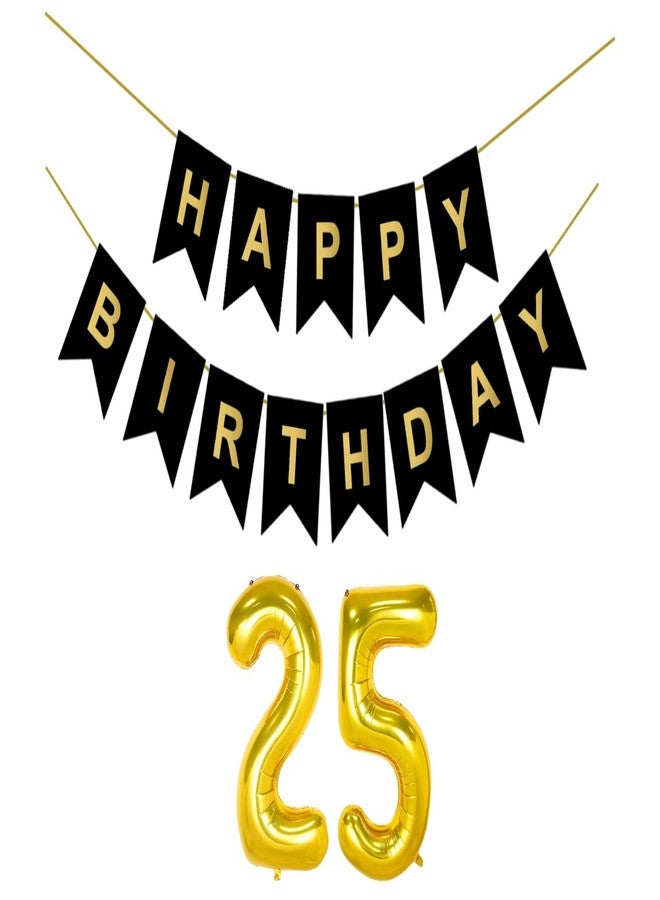 Flyloons 25th Black Colour Happy Birthday Banner Decoration Kit for 25 year Old Boys Girls Baby | with Number Twenty-five | 13 Pcs Reusable Cardstock Happy Birthday Paper Banner